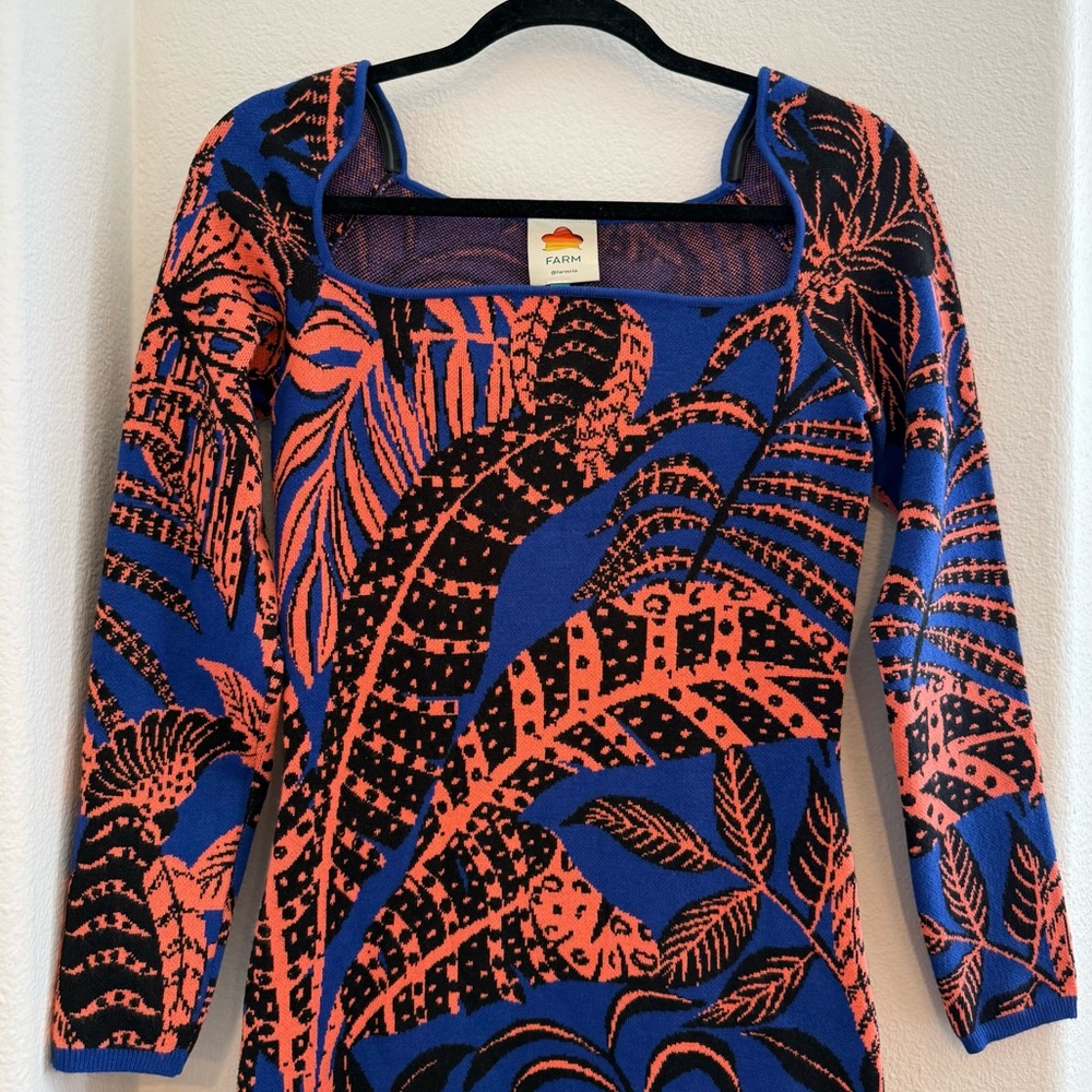 FARM Rio Blue Tropical Gold Knit Long Sleeve Midi Dress Womens Small